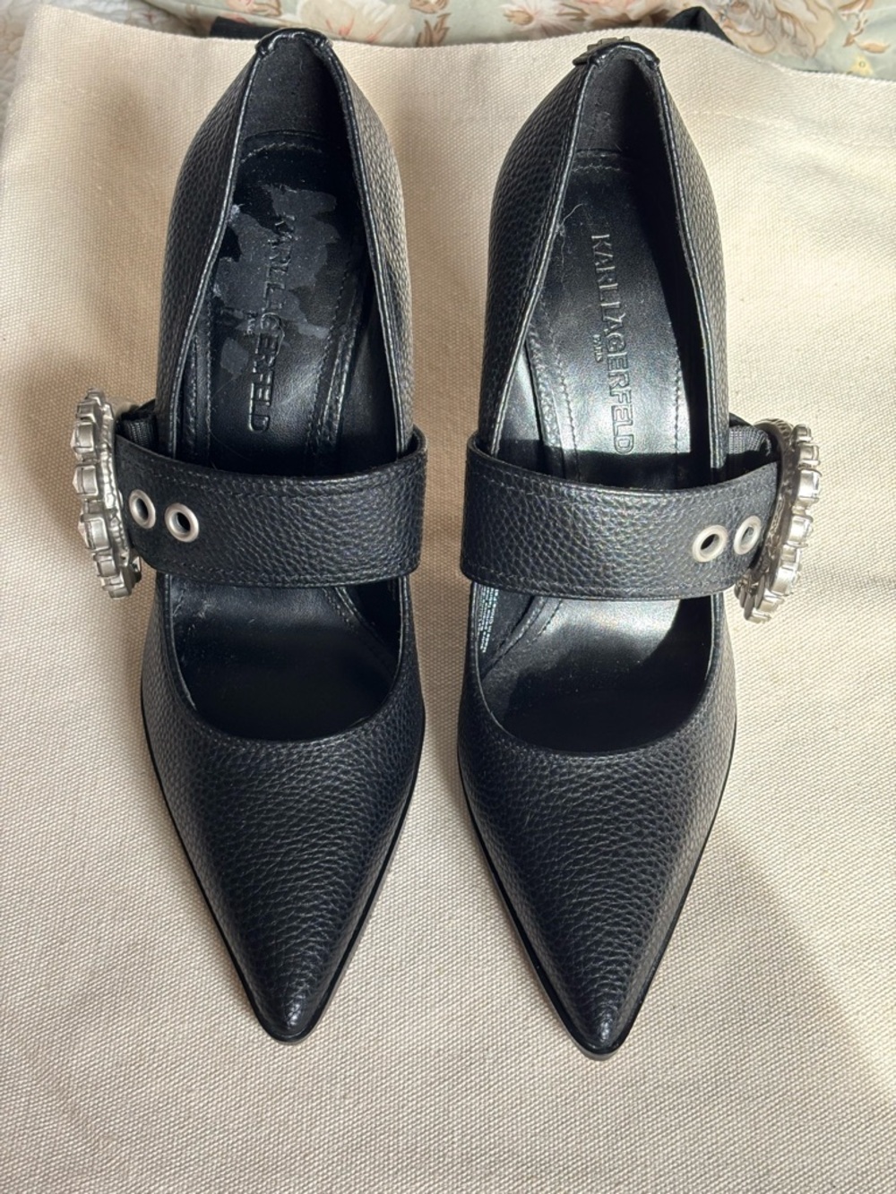 Karl Lagerfeld Black Pointed Mary Jane Pumps with Crystal Accent Strap NWOT
